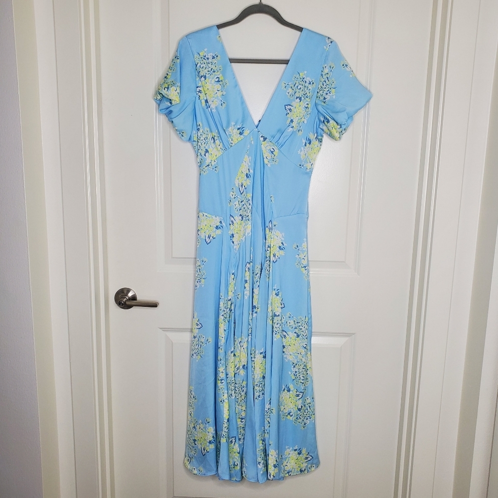 Free People Revolve Laura Blue Floral Print Satin Strappy Open Back Midi Dress - Picture 4 of 12